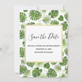 Reserva La Fecha Boda de patrón de hojas tropicales verdes de diseñ