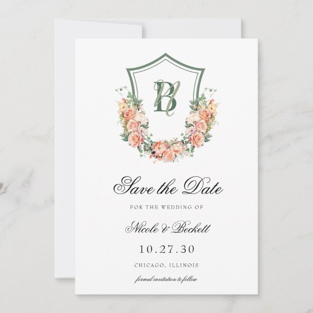 Reserva La Fecha Boda de Peach Floral Escudo (Anverso)