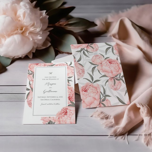 Reserva La Fecha Boda de peonía de acuarela rosa sonrojado (Subido por el creador)