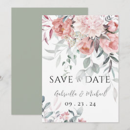 Reserva La Fecha Boda de peonía de greenery con acuarela rosa