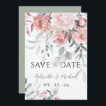 Reserva La Fecha Boda de peonía verde acuarela rosa<br><div class="desc">Hermosas flores modernas elegantes rosas delicadas y de color crema con vegetación suave de acuarela. Peonías rosas. Reverso de tarjeta verde pastel suave. Este “Save the Date” elegante y romántico y una tarjeta para todas las estaciones. Más allá de la sofisticación. Una tipografía simple y chic también se agrega para...</div>
