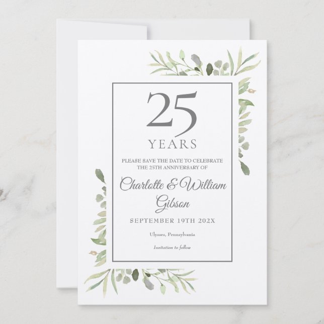 Reserva La Fecha Boda de plata 25º aniversario rústico con vegetaci (Anverso)