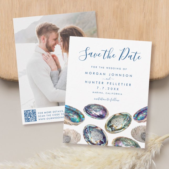 Reserva La Fecha Boda de playa de acuarela de Abalone Shell Waterco (These Abalone Shell watercolor save the dates feature your photo and QR code for your website)