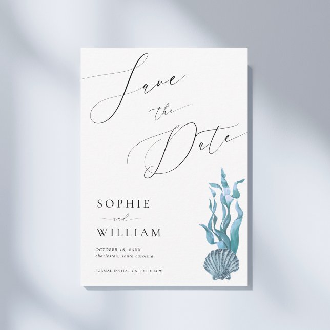 Reserva La Fecha Boda de playa de océano con concha azul costera ná (Subido por el creador)