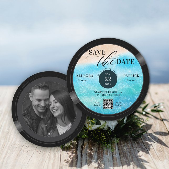 Reserva La Fecha Boda de playa Guardar el registro de ganadores de  (beach wedding save the date photo musician music lover vintage vinyl record sand ocean QR code)