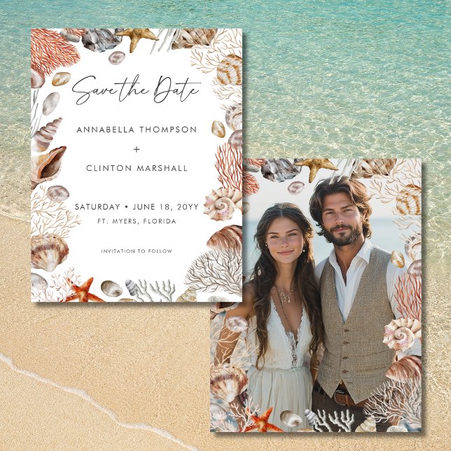 Reserva La Fecha Boda de playa Neutral de la concha de agua marina (Watercolor Seashell Neutral Beach Wedding Save the Date)