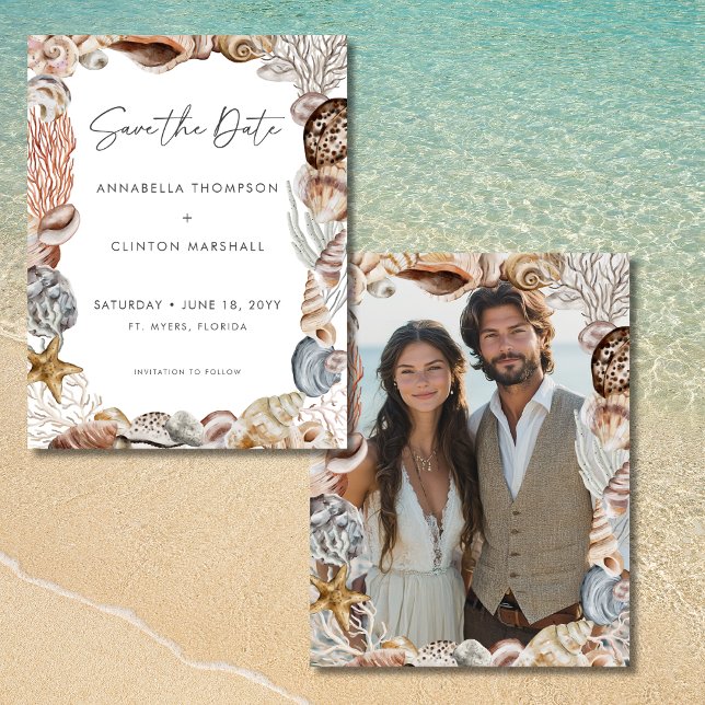 Reserva La Fecha Boda de playa Neutral de la concha de agua marina (Watercolor Seashell Neutral Beach Wedding Save the Date)
