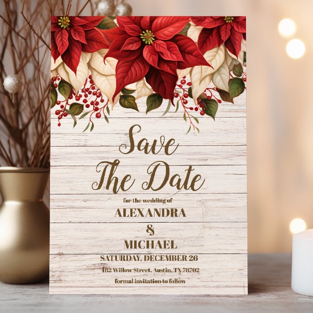 Reserva La Fecha Boda de Poinsettia Rustic White Wood (Subido por el creador)