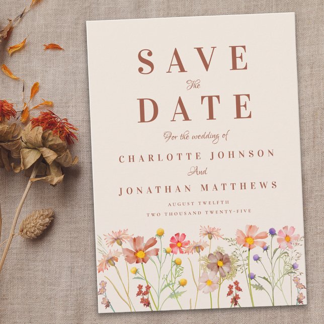 Reserva La Fecha Boda de pradera de flores silvestres de otoño boho (Elegant boho fall Wildflower meadow floral Wedding save the date Terracotta beige tan orange rust )