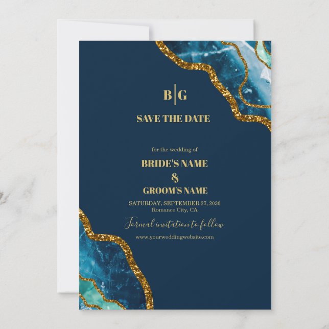 Reserva La Fecha Boda de Purpurina de Geode de Blue & Gold Agate (Reverso)