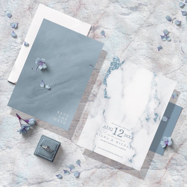 Reserva La Fecha Boda de Purpurina de mármol moderno Dusty Blue ID8 (Subido por el creador)