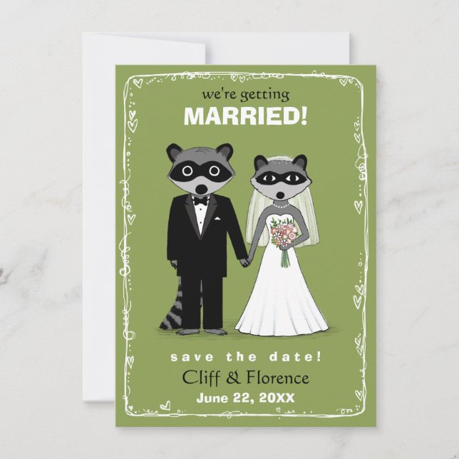 Reserva La Fecha Boda de Raccoons Guardar la fecha verde (Anverso)