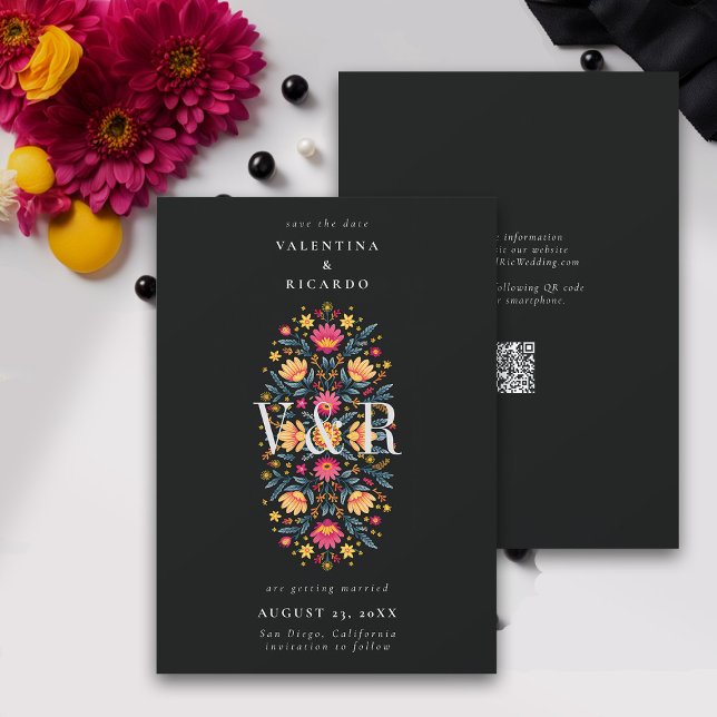 Reserva La Fecha Boda de Rancho QR floral moderno mexicano (mexican wedding save the date fiesta rancho mexico hacienda floral elegant modern qr code monograms)
