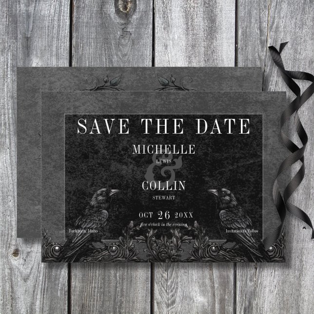 Reserva La Fecha Boda de Raven Negro Gótico y Rosas Negros (Gothic Black Raven & Black Roses Wedding Save The Date Card)
