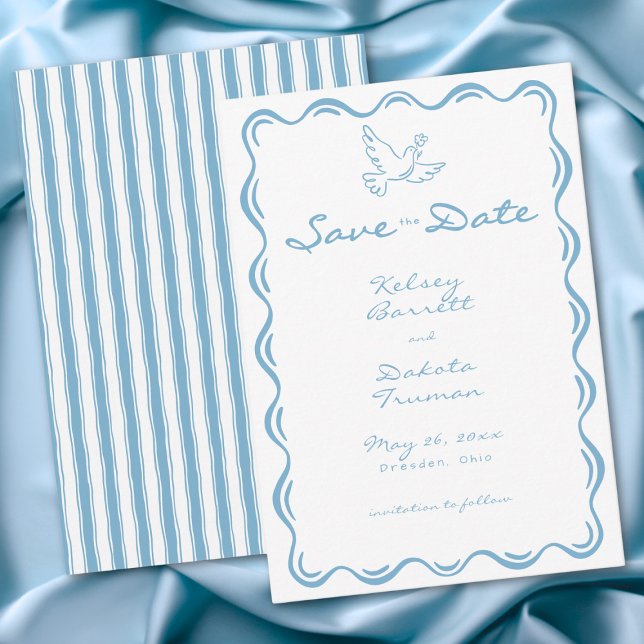 Reserva La Fecha Boda de raya floral dibujada a mano azul caprichos (Whimsical Blue Hand Drawn Floral Stripe Wedding Save The Date)