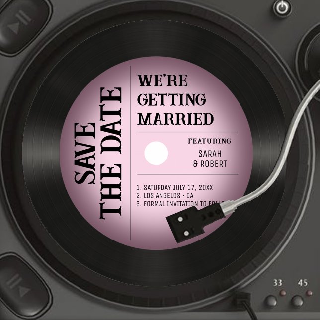 Reserva La Fecha Boda de registro de vinilo rosado retro (Retro Vintage Pink Vignette Vinyl Record Wedding Save The Date)