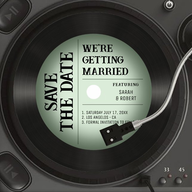 Reserva La Fecha Boda de registro de vinilo verde retro (Sage Green Retro Vintage Vignette Vinyl Record Wedding Save The Date)