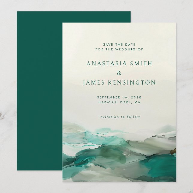 Reserva La Fecha Boda de resumen verde de tinta de alcohol moderno (Anverso / Reverso)