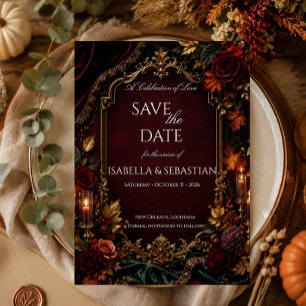 Reserva La Fecha Boda de Romance Oscuro Burgundy & Gold