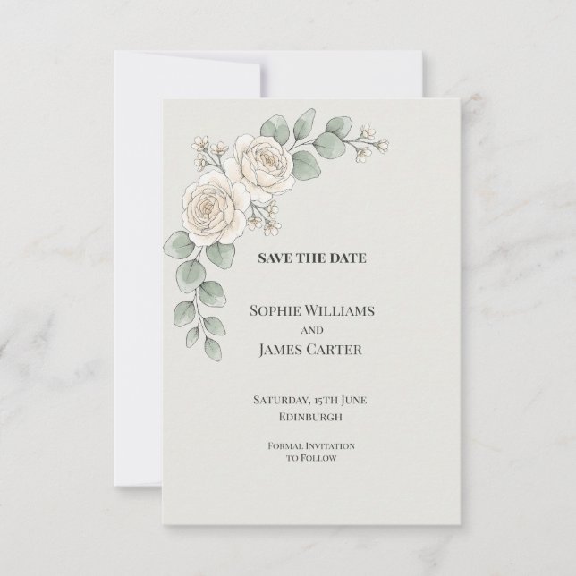 Reserva La Fecha Boda de Rosa Blanca Eucalipto (Anverso)