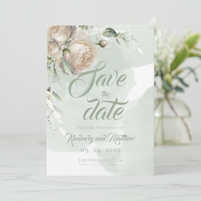 Reserva La Fecha Boda de Rosa Blanca Sage Greenery (Anverso de pie)