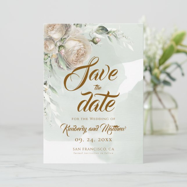 Reserva La Fecha Boda de Rosa Blanca Sage Greenery (Anverso de pie)