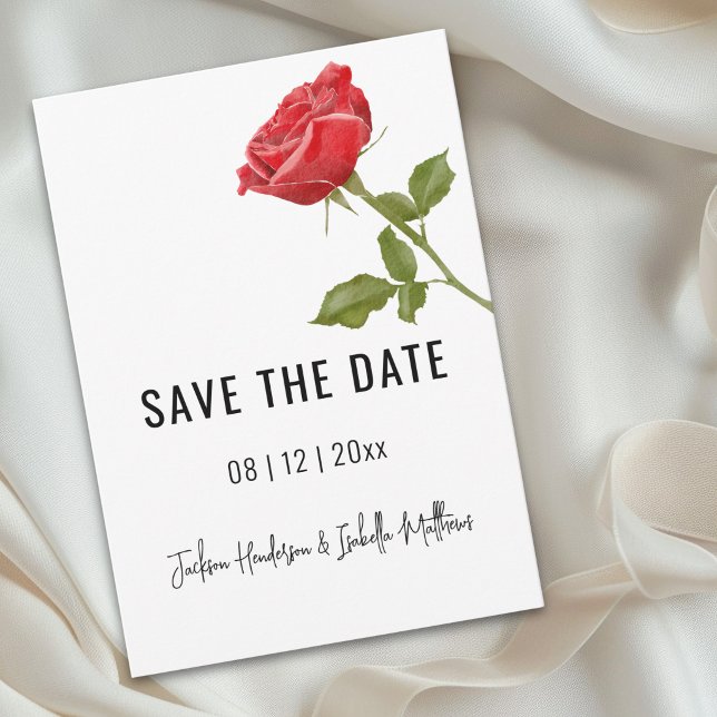 Reserva La Fecha Boda de Rosa Roja Romántica Guardar la Fecha (Romantic simple watercolor red rose wedding save the date Card elegant modern script)