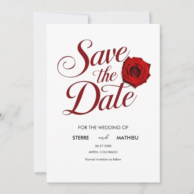 Reserva La Fecha Boda de rosa rojo editable por caligrafía (Anverso)