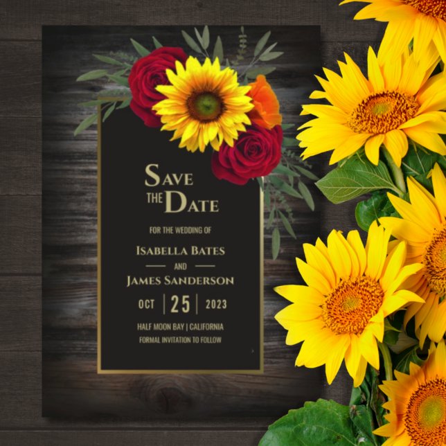 Reserva La Fecha Boda de Rosa Rústico Wood Sunflower Burgundy Save (Subido por el creador)
