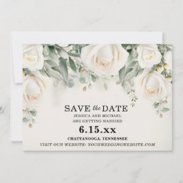 Reserva La Fecha Boda de rosas blancas elegantes con follaje verde