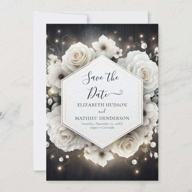 Reserva La Fecha Boda de rosas blancas mínimas de Boho (Anverso)