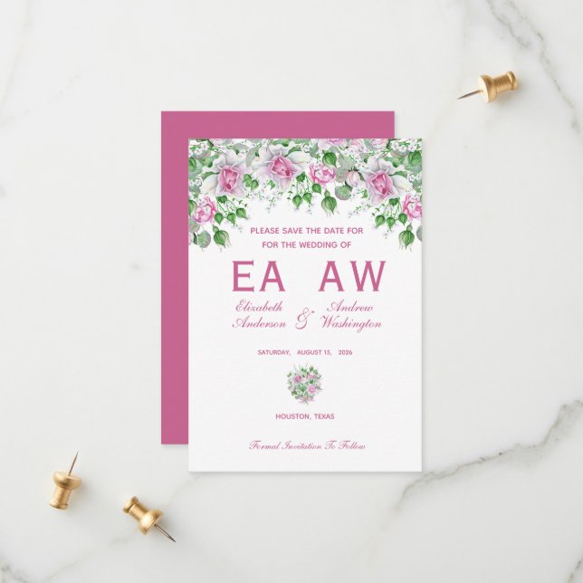 Reserva La Fecha Boda de Rosas Románticas Rosadas (Anverso/Reverso In Situ)