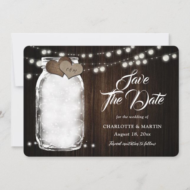 Reserva La Fecha Boda de Rustic Mason Jar Wood String Lights (Anverso)