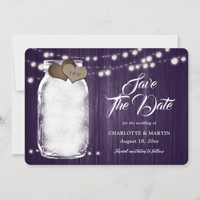 Reserva La Fecha Boda de Rustic Purple Mason Jar Wood String Lights (Anverso)