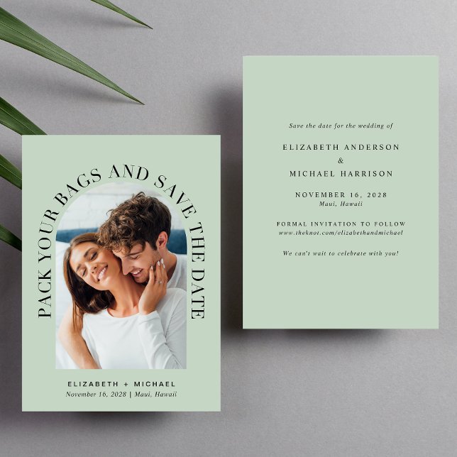 Reserva La Fecha Boda de sabios de destino moderno de arco fotográf (Celebrate your love story with a save the date showcasing your photo in an elegant arch frame)