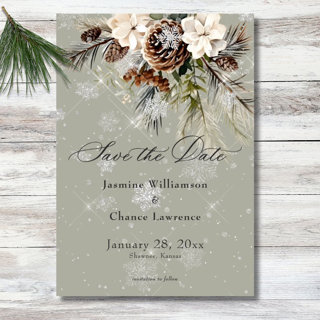 Reserva La Fecha Boda de salvia floral blanca y de pino de nieve (Rustic Snowfall Pine & White Floral Sage Wedding Save The Date)