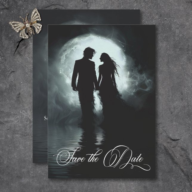 Reserva La Fecha Boda de silueta de la pareja lúdica gótica oscura (Dark Gothic Moonlight Couple Silhouette Wedding Save The Date)