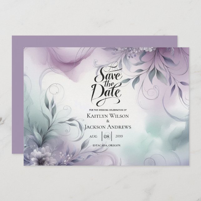 Reserva La Fecha Boda de susurros por niebla de lavanda y acuarela (Anverso / Reverso)