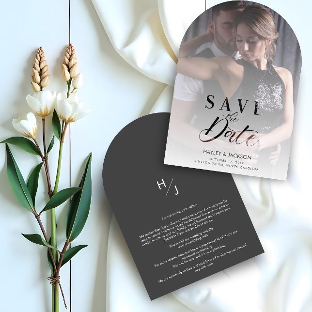 Reserva La Fecha Boda de Transparencia Moderno Personalizado guión  (Modern Transparency Wedding Custom Photo Script Save the Date Cards. Arch Border Style)