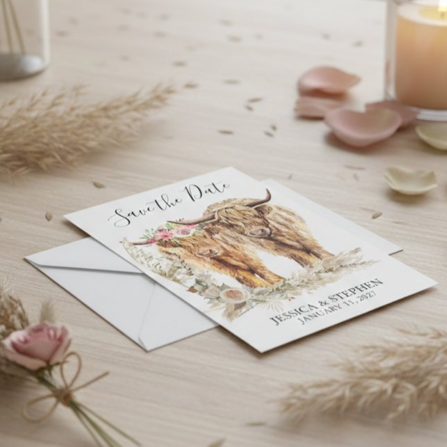 Reserva La Fecha Boda de vaca de las tierras altas acuarela  (Subido por el creador)