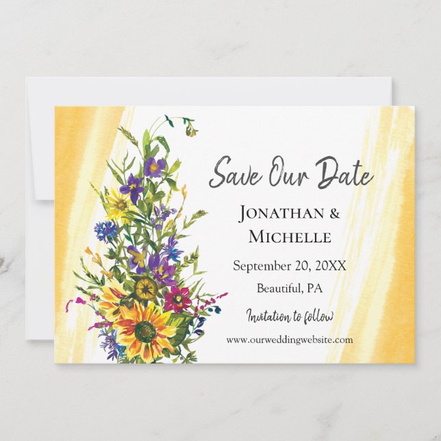 Reserva La Fecha Boda de vegetación de flores silvestres de girasol (Anverso)