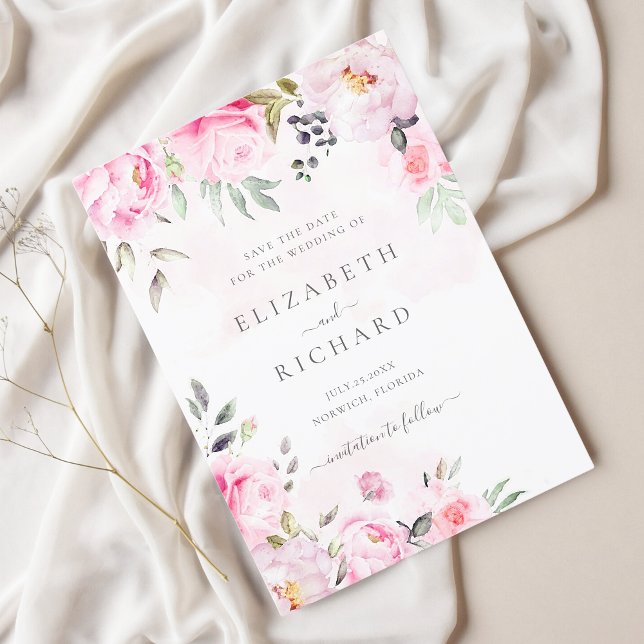 Reserva La Fecha Boda de vegetación floral de color de agua rosa Ru (Subido por el creador)