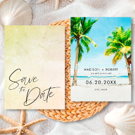 Reserva La Fecha Boda de verano en la playa con palmeras tropicales