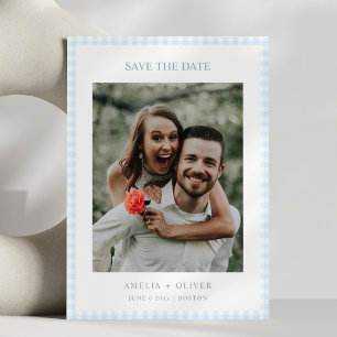 Reserva La Fecha Boda de verano linda de cuadros gingham azul claro