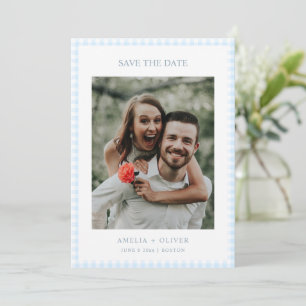Reserva La Fecha Boda de verano linda de cuadros gingham azul claro