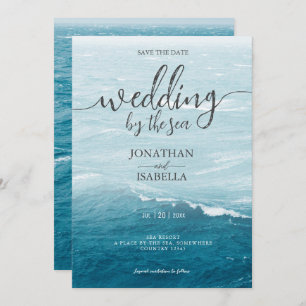 Reserva La Fecha Boda de verano por el océano oscuro ondulado azul