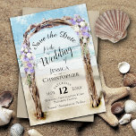 Reserva La Fecha Boda del Arbor de la playa de Driftwood Rustic Pur<br><div class="desc">Esta hermosa tarjeta de fecha de reserva es perfecta para una boda de destino. Presenta un diseño tipográfico con caligrafía de escritura de encaje dentro de un puerto de playa de color marrón acuático adornado con flores lavanda moradas y blancas. Hay espacio para sus nombres, la fecha y la ubicación...</div>