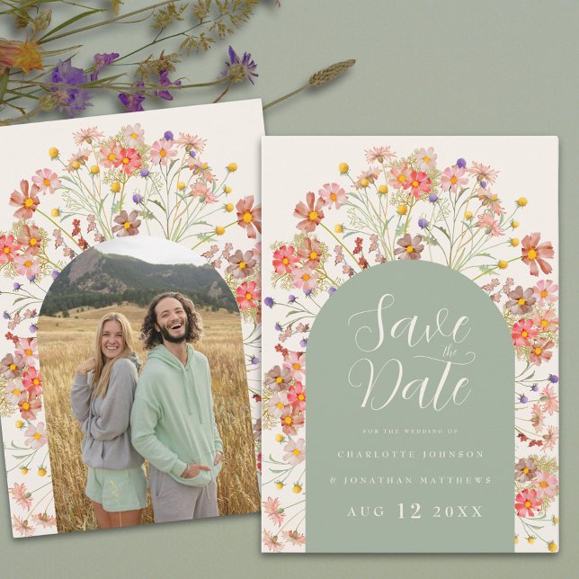 Reserva La Fecha Boda del Arco de la Foto Floral de Boho (Boho wildflower floral arch sage green wedding save the date invitation Elegant script watercolor )