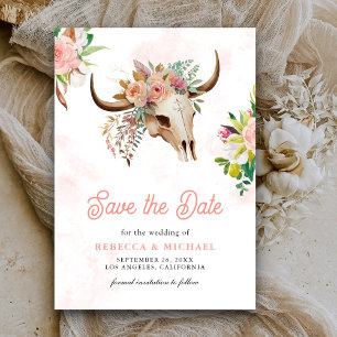 Reserva La Fecha Boda del Boho Tribal Floral Cow Skull