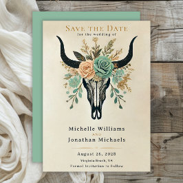 Reserva La Fecha Boda del Boho Western Floral Bull Cow Skull